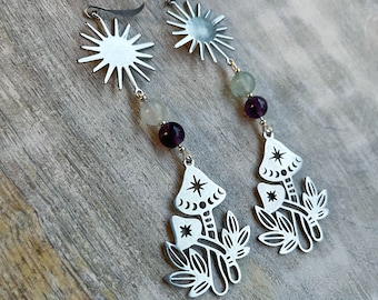 Fluorite  silver mushroom earrings