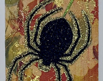 ATC ACEO Återvunnen höstdekoration Blandteknik ORIGINAL Glitter Spider - Fri frakt!!