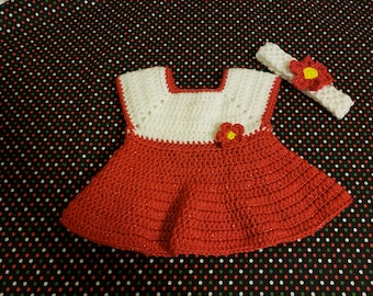 Red and White Crocheted Baby Dress with Headband Size 3 - 6 Months