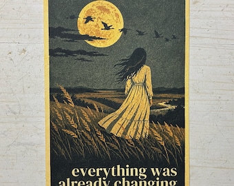 Girl in Moonlit Field Everything Was Already Changing Geese Nostalgic Postcard