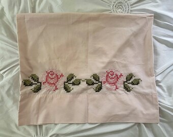 Embroidered Flower Pillowcase Pink Rose Cannon Vintage