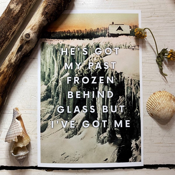 Print He’s Got My Past Frozen Behind Glass But I’ve Got Me Customizable Vintage Snowy Cabin Picture Postcard Lyric Art