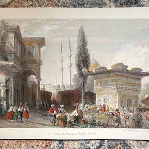 Marketplace and Tophane Fountain Vintage Turkish Art Print Gozen Antiquity Bazaar