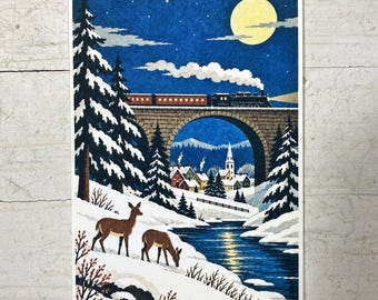 Deer and Train Cozy Winter Village at Night Christmas Postcard