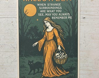 Postcard Halloween Witch With Bones and Cat Strange Surroundings