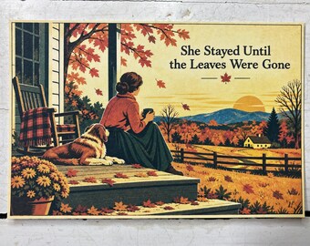She Stayed Until the Leaves Were Gone Cozy Autumn Porch Woman and Dog Postcard