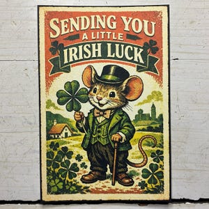 May include: A rectangular print featuring a mouse wearing a green suit, vest, and top hat, holding a four-leaf clover. The text reads "SENDING YOU A LITTLE IRISH LUCK" above the mouse, set against a background of a rural landscape with a small house.