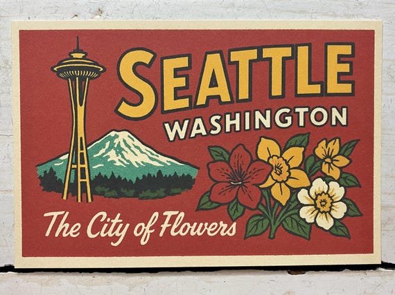 Postcard Seattle Washington The City of Flowers Retro Space Needle Mount Rainier Vacation Travel