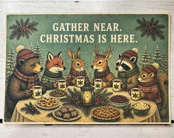 Postcard Gather Near Christmas Is Here Woodland Animals Celebration