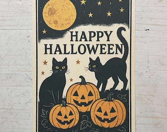 Postcard Happy Halloween Black Cats and Pumpkins