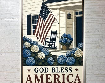 God Bless America Front Porch With Flag and Hydrangeas Postcard