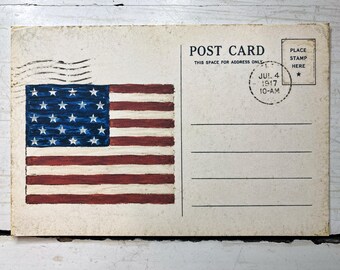American Flag Painting On Postcard Back July 4th Vintage-Inspired Postcard