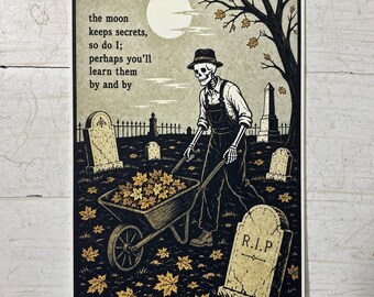 The Moon Keeps Secrets Skeleton at Cemetery Halloween Postcard