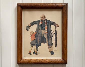 Norman Rockwell The Gift Little Boy Reaching In Grandfather's Overcoat Pocket Puppy Vintage Framed Picture Art