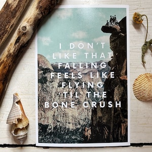 May include: A print with a mountain landscape and the text "I don't like that falling feels like flying til the bone crush".