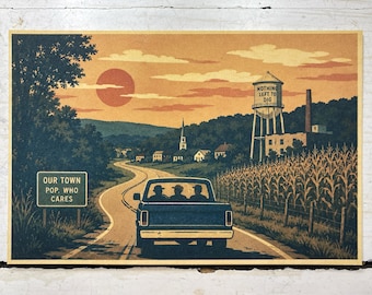 Our Town In August Pickup Truck Americana Postcard