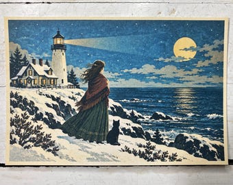 Winter Lighthouse Girl and Cat Cozy Coastal Postcard