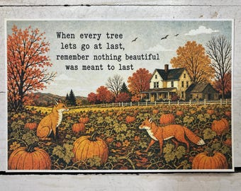 When Every Tree Lets Go at Last Autumn Foxes in Pumpkin Patch Cozy Postcard