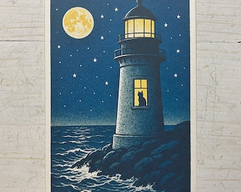 Lighthouse With Cat At Night Cozy Coastal Postcard