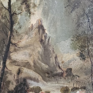 18th or 19th Old world European Oil Painting on linen Pastoral Alps and farm village on river Original antique un signed