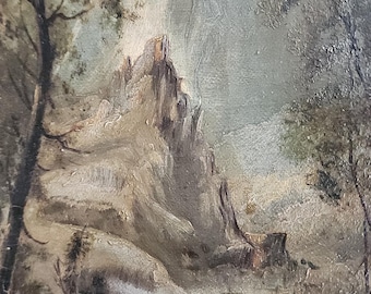 Antique European Oil Painting: Alps Village Pastoral Scene