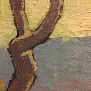 May include: A close-up of a painting of a tree trunk with a brown, purple, and yellow color scheme. The tree trunk is thick and gnarled, and the background is a light blue and yellow.