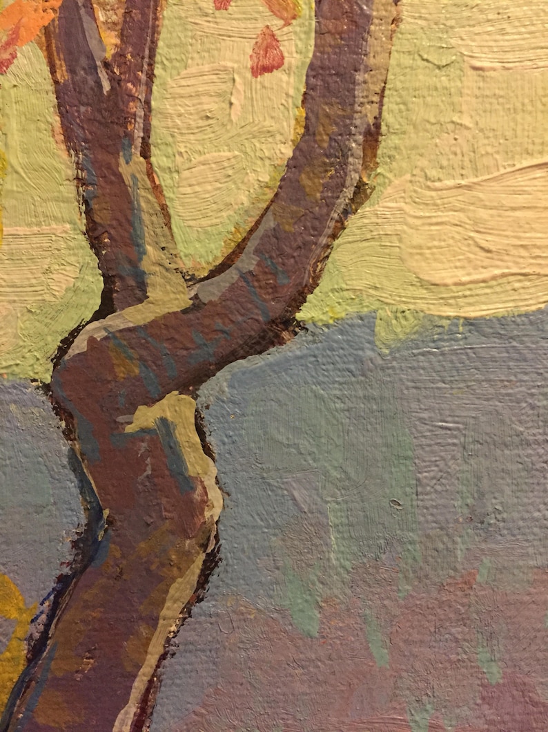May include: A close-up of a painting of a tree trunk with a brown, purple, and yellow color scheme. The tree trunk is thick and gnarled, and the background is a light blue and yellow.