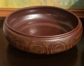 Early Robert Maxwell hand signed  bowl large earth tones fruit bowl planter important incised signature one of a kind studio pottery art