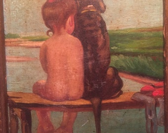 E. A. Burbank Signed Original painting girl and dog on the boat docks