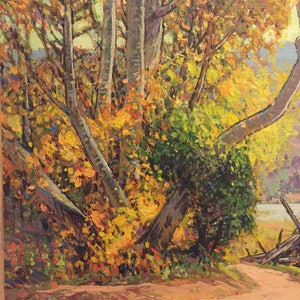 May include: A painting of a forest scene with trees in shades of yellow, orange, and green. The trees are in the foreground and the background is a blur of blue and green.