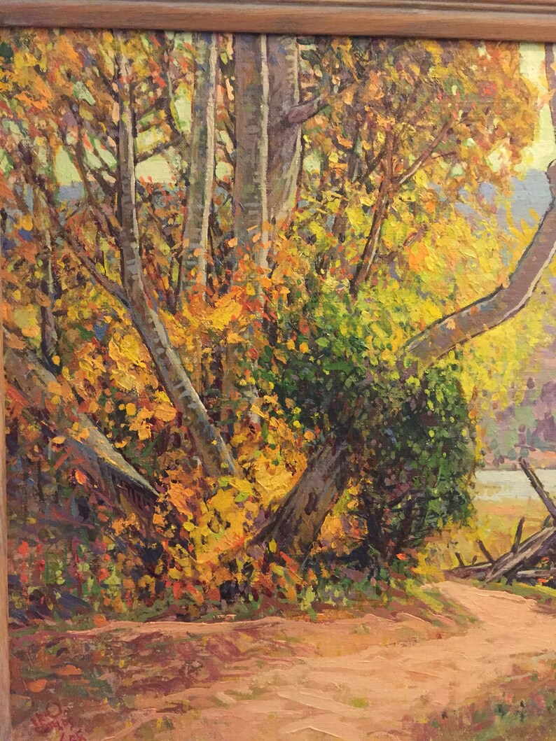 May include: A painting of a forest scene with trees in shades of yellow, orange, and green. The trees are in the foreground and the background is a blur of blue and green.