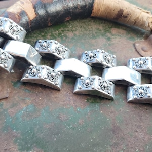 Old Heavy Sterling 925 Silver Mexico Link Bracelet Taxco Style Floral Circa 1940s