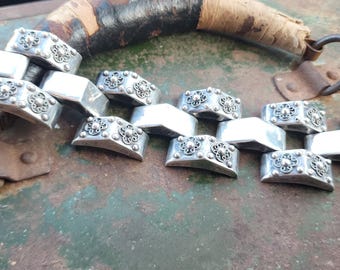 Old Heavy Sterling 925 Silver Mexico Link Bracelet Taxco Style Floral Circa 1940s
