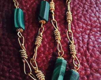 18k solid gold and malachite victorian necklace handmade antique fine gold chain and hand cut beads