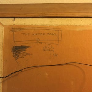 May include: A close-up of the back of a framed painting. The title "THE WATER TRAIL" is written in black ink on a white background. The artist's name, "IRION SHIELDS", and the year "1958" are also written in black ink.
