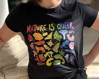 Eco "Nature Is Queer" Cotton T-Shirt (XS-5XL) - Femme & Masc Styles - Eco Friendly! - Organic Cotton - Sustainable - Pride Shirt