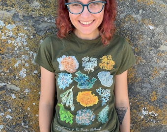 Eco Lichen Cotton T-Shirt (XS-5XL) - Multiple Colours - Lichens of the Pacific Northwest - Unisex, Gender Neutral, Femme & Masc, Plus Size