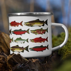 Salmon Camping Mug 12 oz Print On Demand Item Enamel Stainless Steel Cup 5 Pacific Salmon Species image 1