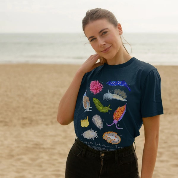 T-shirt en coton écologique nudibranche (11 couleurs) - Styles Femme et Masc - Coton biologique - Durable - Limaces de mer du Pacifique nord-américain