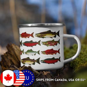 Salmon Camping Mug - 12 oz - Print On Demand Item - Enamel Stainless Steel Cup - Chinook, Sockeye, Chum, Pink, Coho
