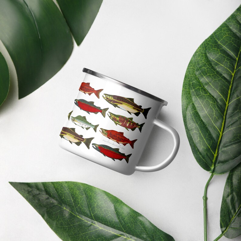 Salmon Camping Mug 12 oz Print On Demand Item Enamel Stainless Steel Cup 5 Pacific Salmon Species image 4