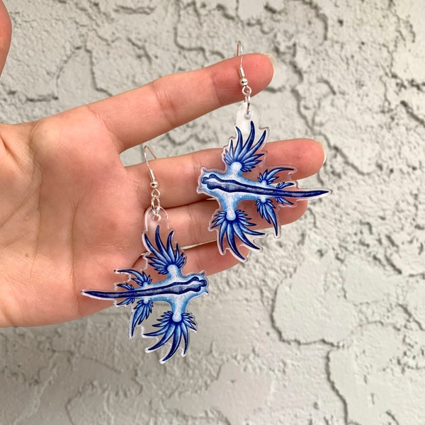 Blue Dragon Nudibranch Earrings (Acrylic) - Glaucus atlanticus - Sea Slug - Blue Glaucus