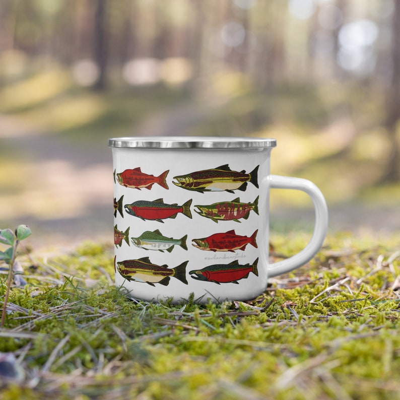 Salmon Camping Mug 12 oz Print On Demand Item Enamel Stainless Steel Cup 5 Pacific Salmon Species image 2