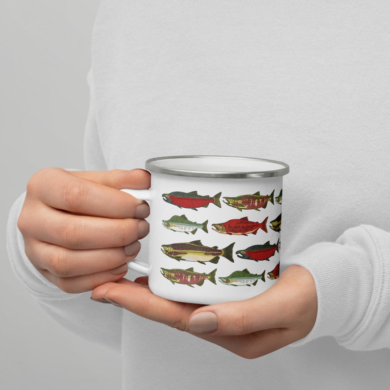 Salmon Camping Mug 12 oz Print On Demand Item Enamel Stainless Steel Cup 5 Pacific Salmon Species image 3