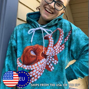 Recycled Octopus Hoodie (XXS-6XL) - Soft & Fleecy Polyester - Gender Neutral - Super Cozy! - Pacific Giant Octopus - FREE SHIPPING