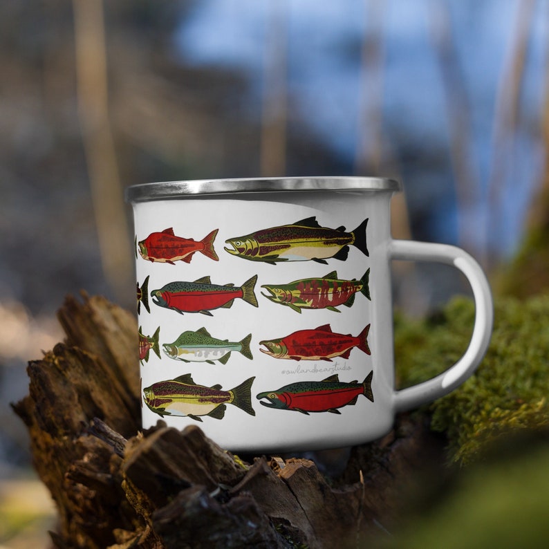 Salmon Camping Mug 12 oz Print On Demand Item Enamel Stainless Steel Cup 5 Pacific Salmon Species image 1
