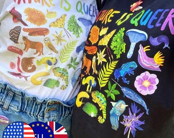 Eco "Nature Is Queer" T-Shirt (XS-5XL) - Organic Cotton - Multiple colours - Eco Friendly! - Sustainable - Pride Shirt - Owl and Bear Studio
