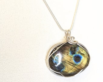 Labradorite necklace sterling silver, Blue Labradorite pendant, Oval necklace for her, Silver necklaces for women, Labradorite