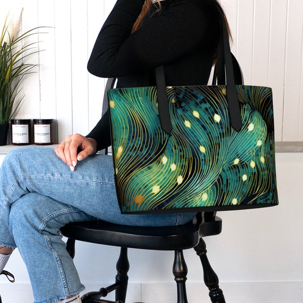 Enchanting Arctic Glow: Vegan Leather Tote Bag Adorned with Aurora Borealis Print for a Style that Illuminates Every Daily Adventure"