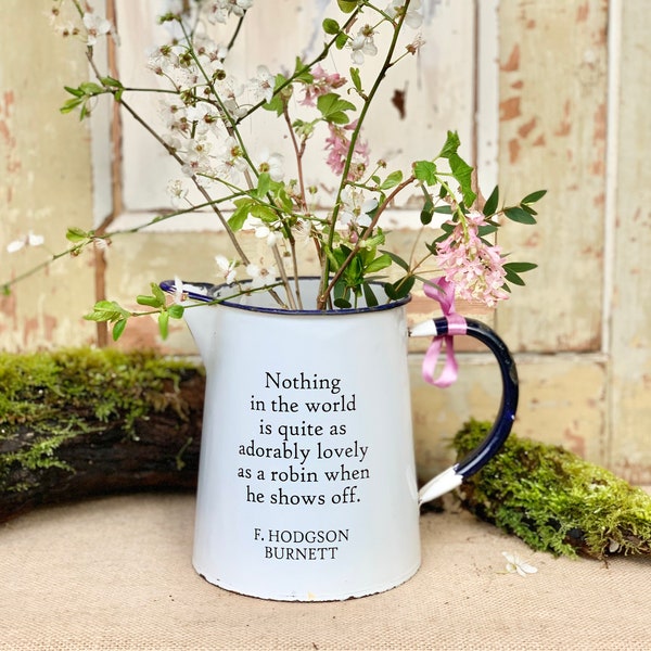 A charming smallish genuine vintage enamel white jug with painted words/quote/home decor